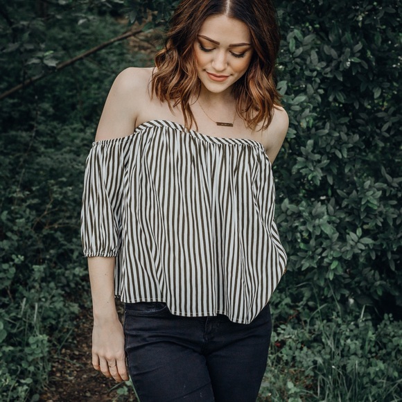 Striped Off The Shoulder Top - Olive - Picture 4 of 8